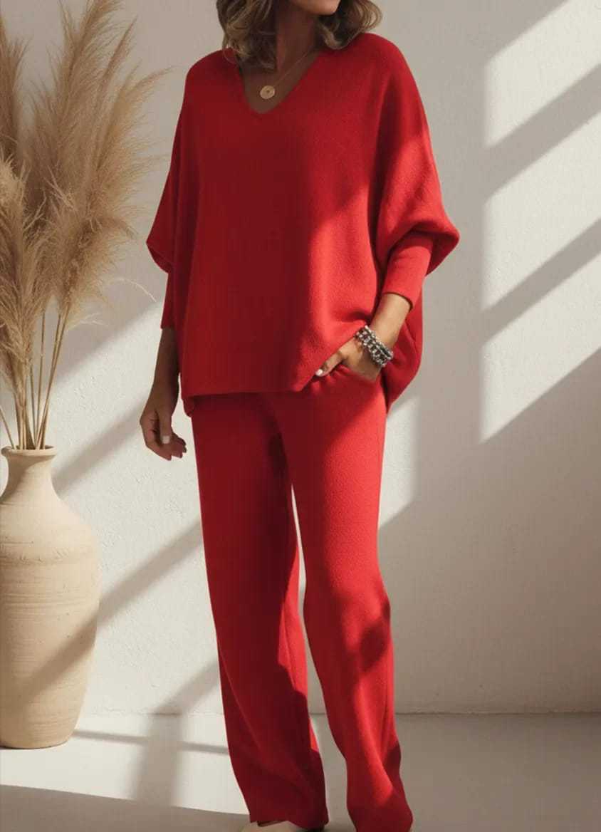 Ensemble 2 pièces tricoté : haut à manches longues col en V et pantalon décontracté
