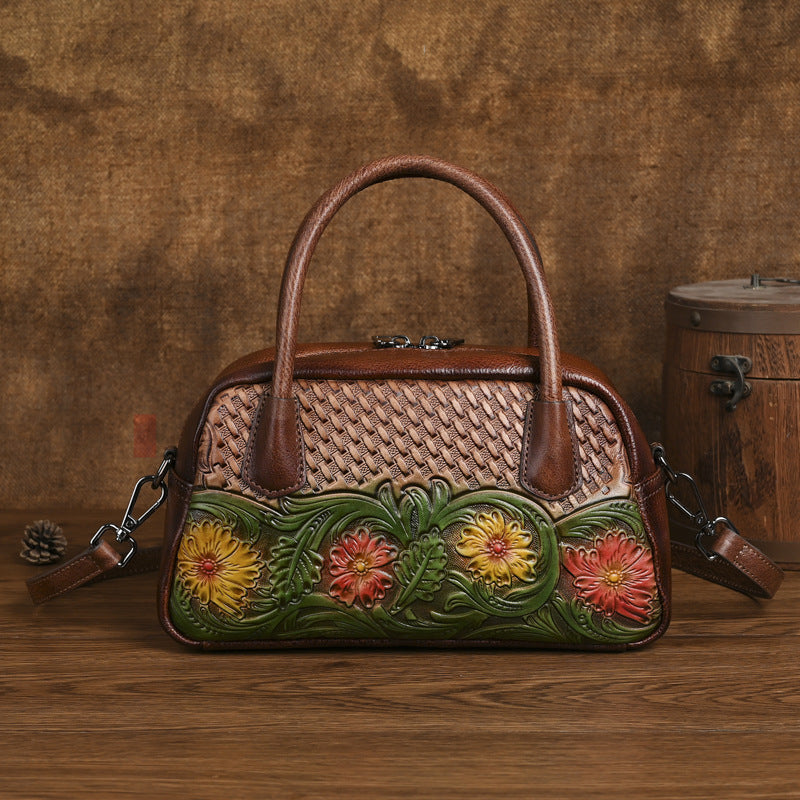 Sac à bandoulière en cuir pleine fleur, style ethnique rétro, pour femmes