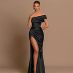 Élégante robe longue fendue en satin à épaules dénudées, robe de soirée de mariage extra longue, robe de soirée de Noël, robe de demoiselle d'honneur