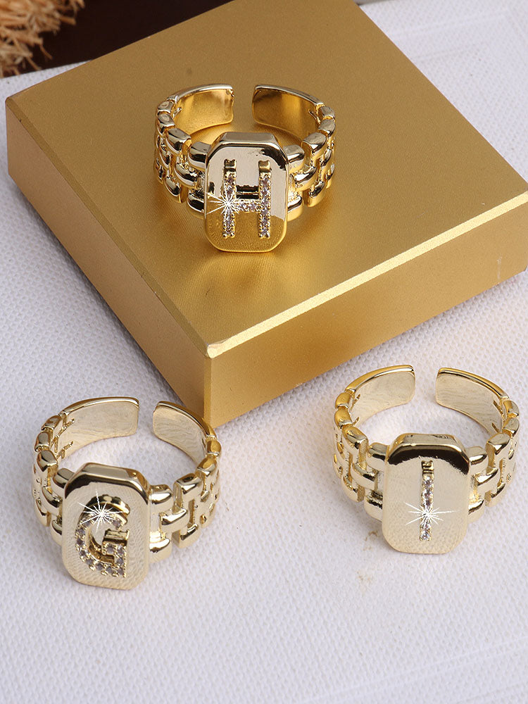 Bague chaîne maillons de bracelet de montre carrés épais en strass lettre initiale A-Z brillantes pour femme Bijoux de boutique