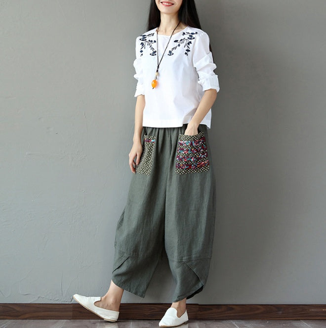 Pantalon ample femme en coton et lin à jambes larges
