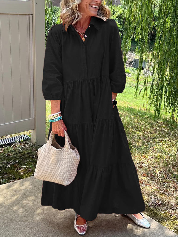 Robe ample décontractée à revers, manches mi-longues et grand tombé