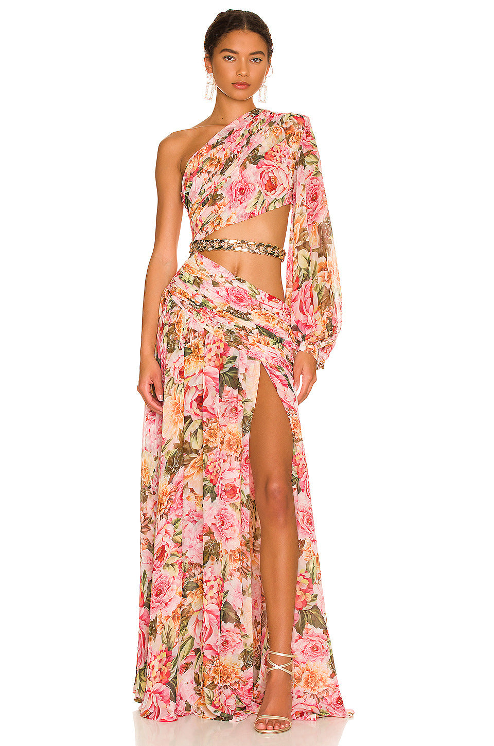 Robe moulante fendue asymétrique à manches longues bouffantes, motif floral ajouré