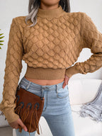 Pull court en maille diamant 3D à manches longues pour femme