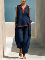 Ensemble Femme Chic en Coton-Lin Deux Pièces Pantalon Large et Haut Color-Block Contraste pour l'Été
