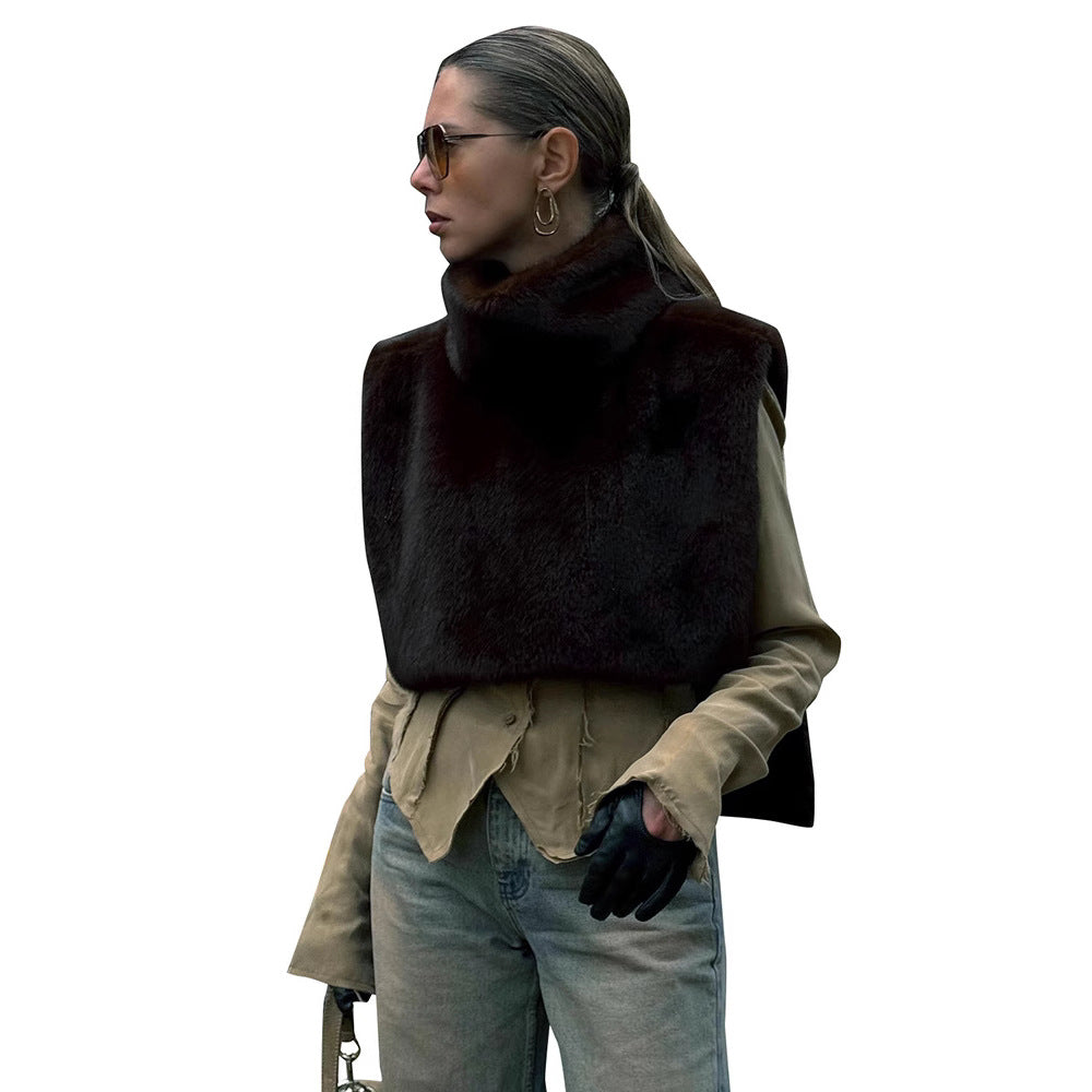 Nouveau gilet en fourrure sans manches à demi-col roulé de couleur unie pour femmes
