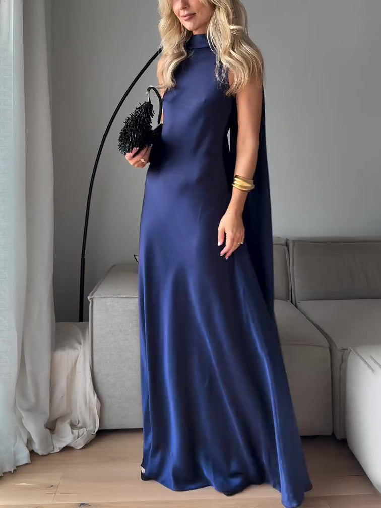 Robe longue sans manches en satin bleu roi