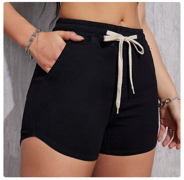 Short en jean à cordon de serrage et à coupe trapèze pour femmes, grandes tailles