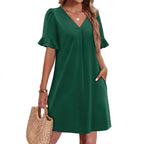 Robe élégante à col en V à volants pour femme avec poches