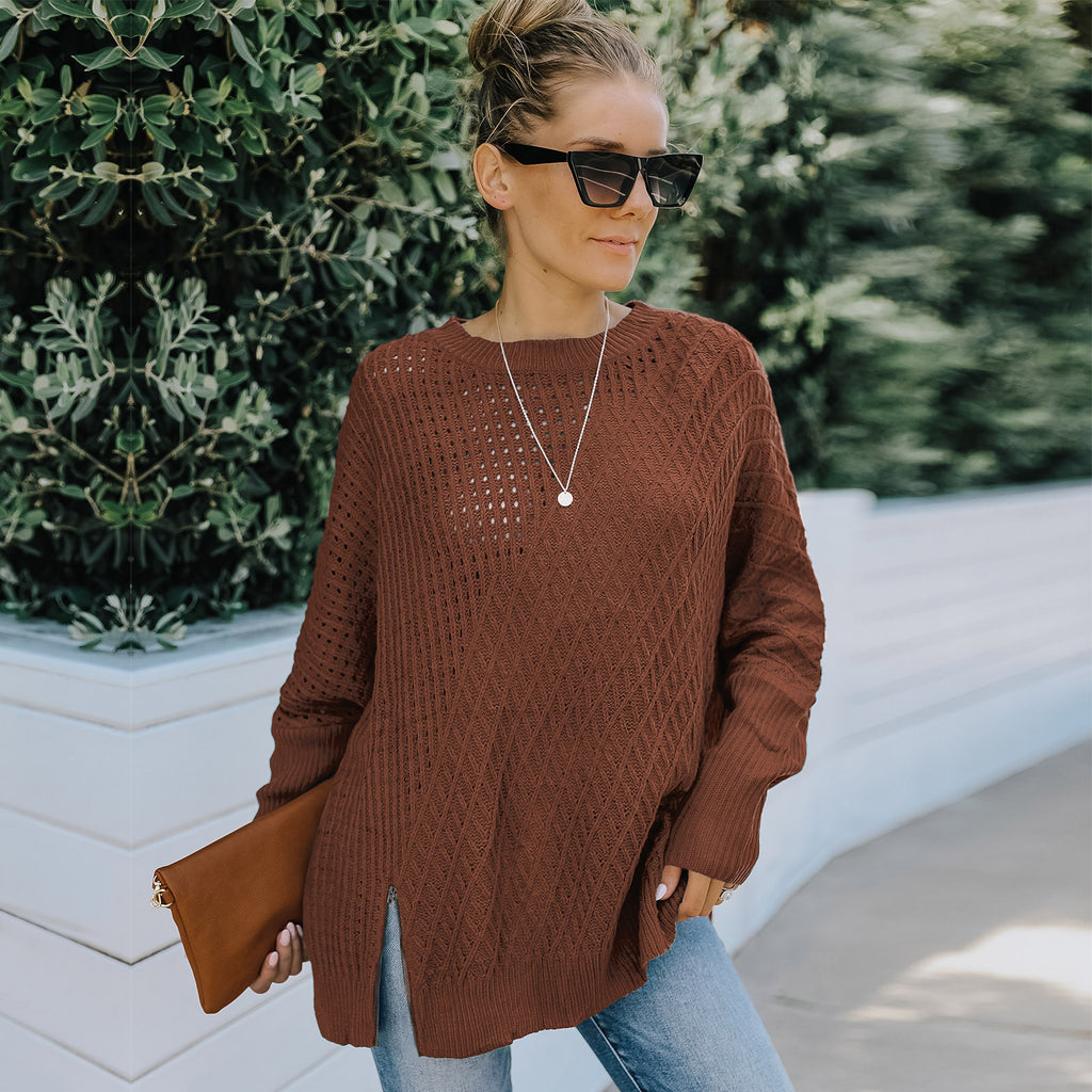 Pull ras du cou à manches longues ajouré en tricot pour femme, coupe ample, hiver