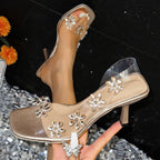 Nouvelles Sandales Pour Femmes Été Transparent PVC Strass Fleurs Escarpins Slingback Élégantes Bout Carré Femme Talons Hauts Sexy