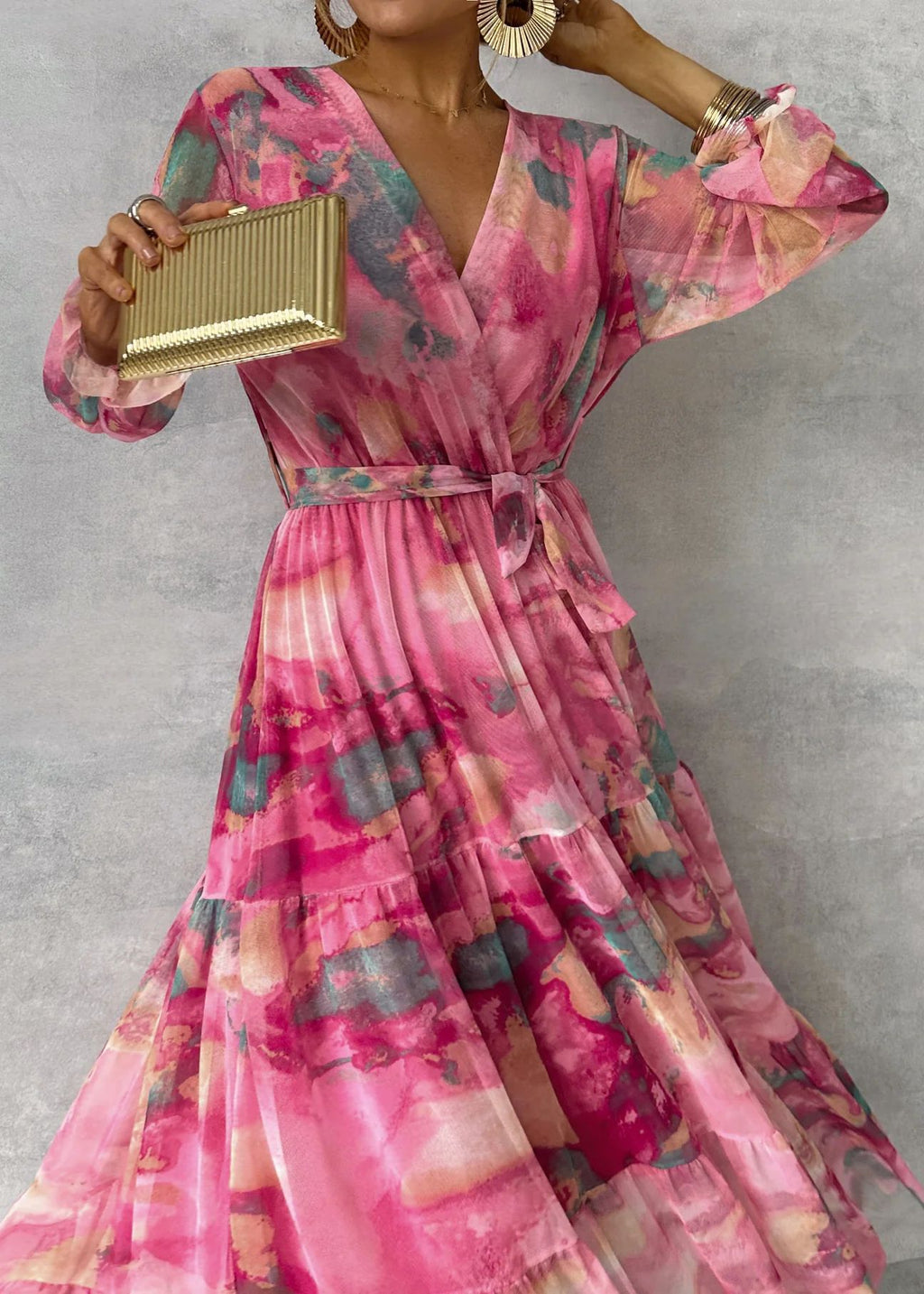 Robe longue fleurie à manches longues, élégante, col en V, plissée, taille haute, grand ourlet évasé en mousseline de soie pour femme