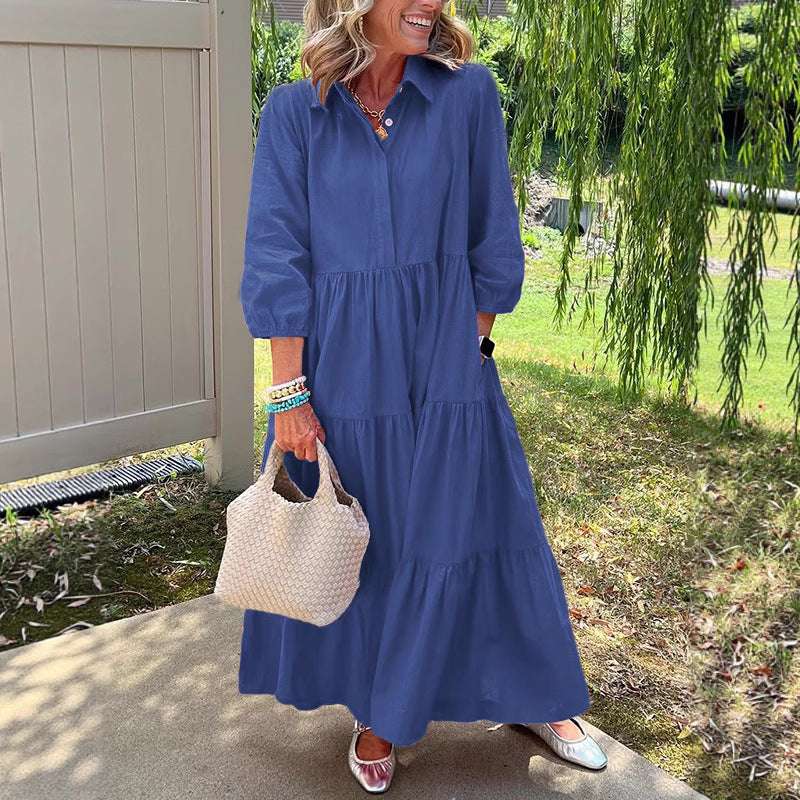 Robe ample décontractée à revers, manches mi-longues et grand tombé
