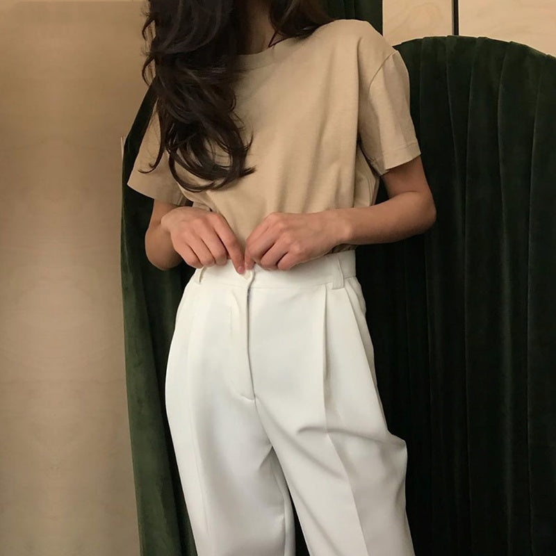 T-shirt basique en maille unie pour femme, en coton décontracté