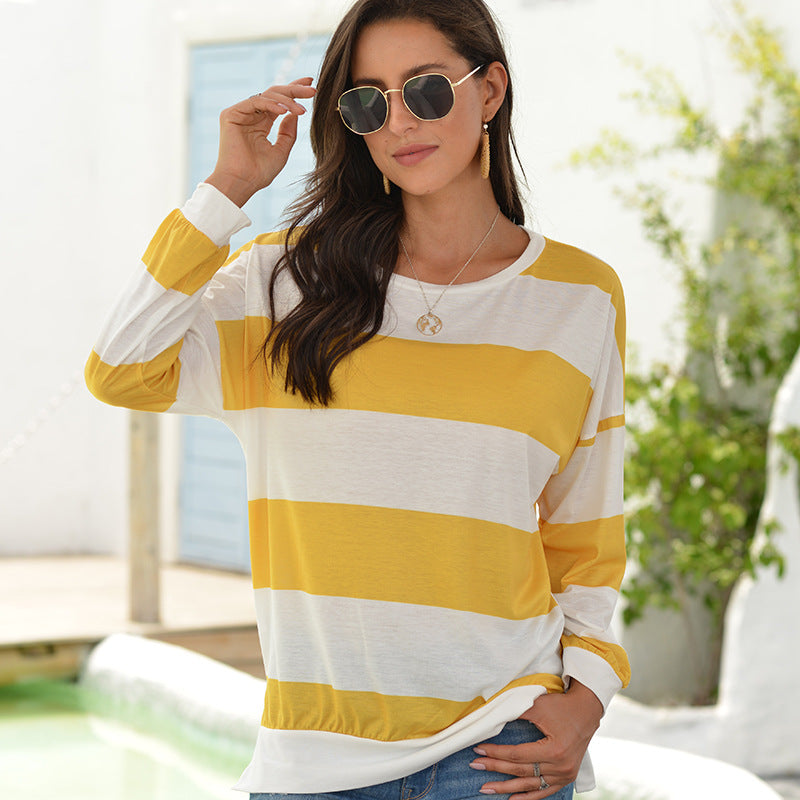 New Long Sleeved T Shirt For Women European And American Style Dusi Casual Horizontal Stripe Simple Round Neck T Shirt For Women Trendy
