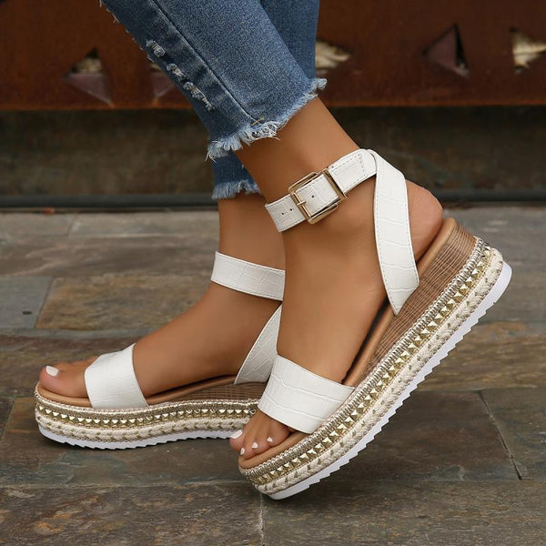 Sandales d'été à bride boucle en chanvre compensées à plateforme bout ouvert pour femmes