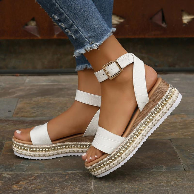 Sandales d'été à bride boucle en chanvre compensées à plateforme bout ouvert pour femmes Hover Image
