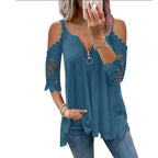 Sexy Summer Half Sleeve Lace Shirt Women Casual Zipper