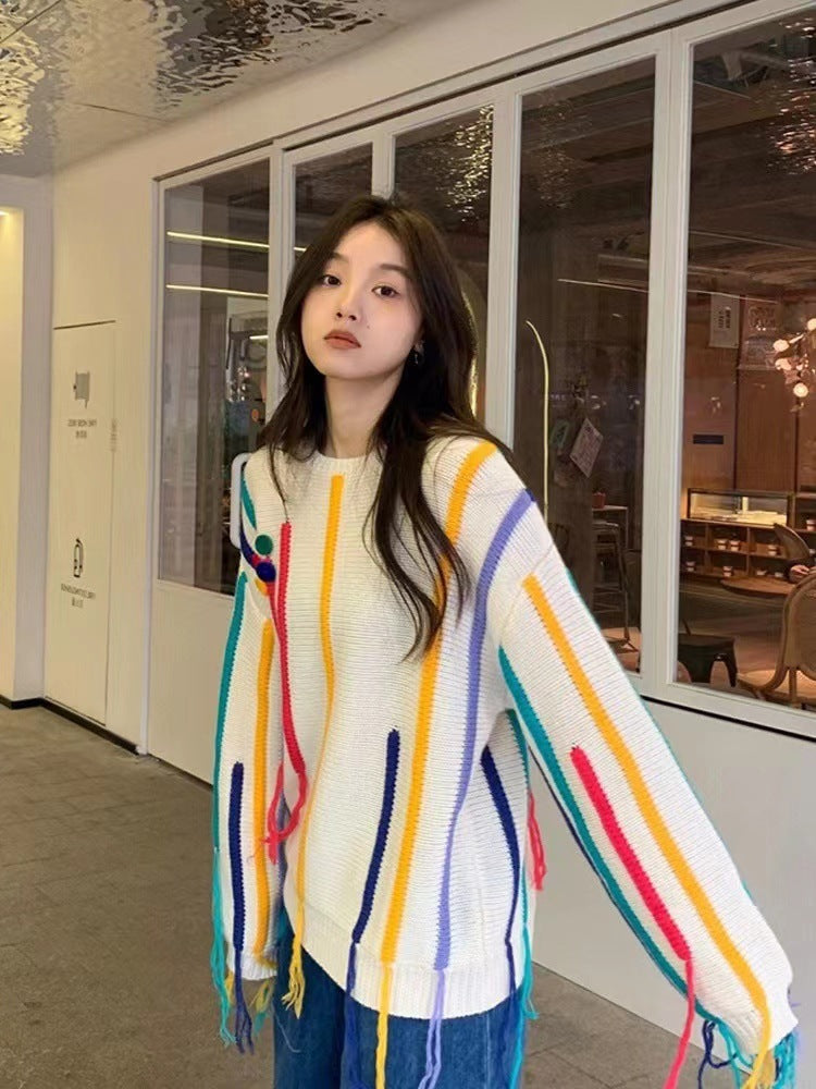 Pull Frangé Tricot Rayé Coloré Pour Femme