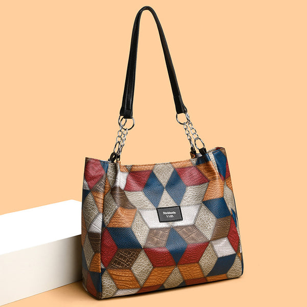 Sac à bandoulière géométrique rétro avec motif de couleurs contrastées, grand sac à main à coutures pour femmes