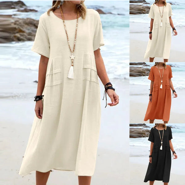 Robe midi décontractée ample d'été pour femmes Coton lin respirant Manches courtes Robes mi-longues Robe de plage simple pour femmes