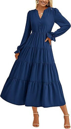 Robe longue fluide à volants superposés pour l'automne