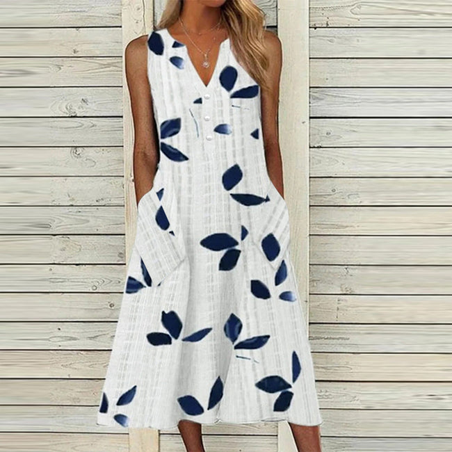 Robe mi-longue décontractée à col en V et taille nouée à motifs de feuilles pour femme Hover Image