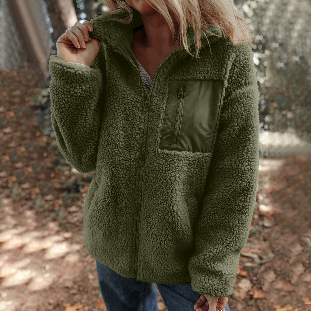 Manteau en peluche zippé, couleur unie, chaud et tendance, en laine d'agneau
