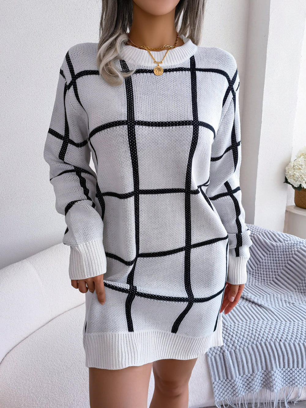 Robe pull décontractée à manches longues à carreaux color block
