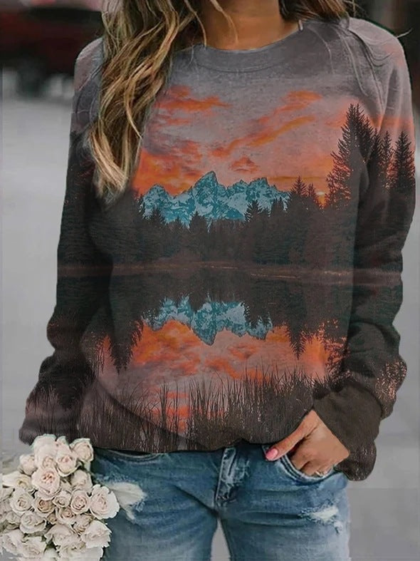 Haut de T-shirt à manches longues à imprimé paysage pour femme, populaire