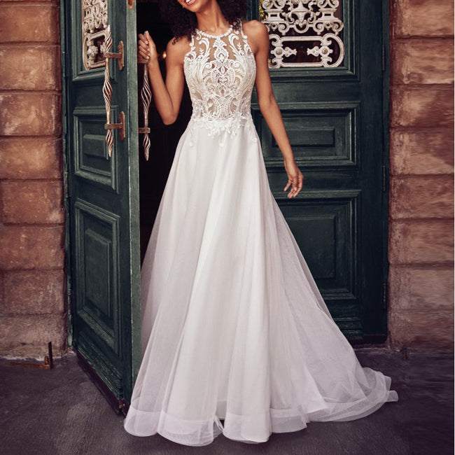 Lace sleeveless halter wedding dress maxi skirt Hover Image
