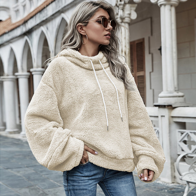 Pull à capuche en peluche uni ample pour femme Main Image