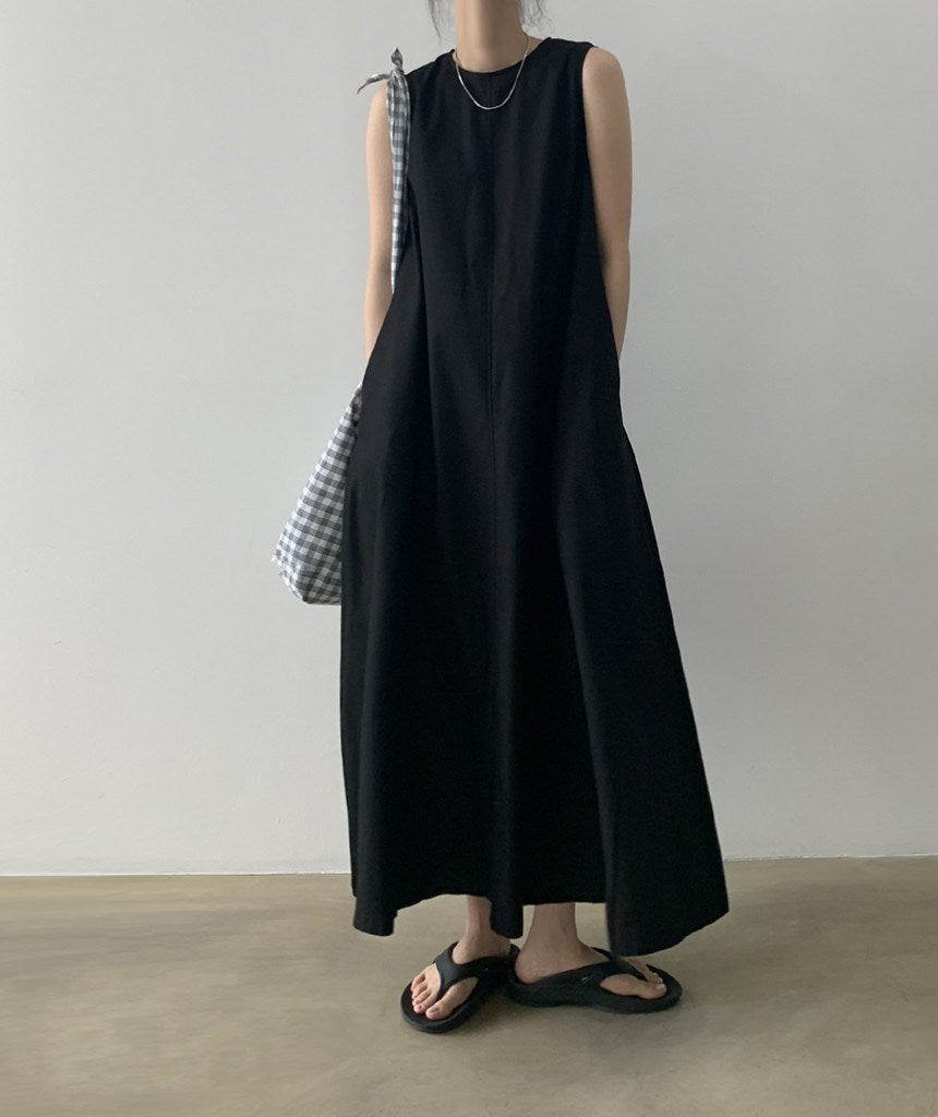 Robe longue en coton et lin unie sans manches à col rond