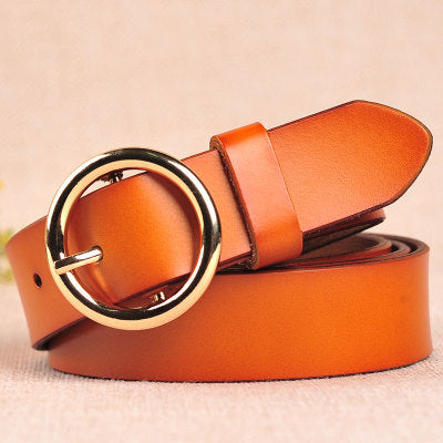 La nouvelle ceinture rétro en cuir pur pour femme, ceinture en cuir à boucle ronde, ceinture fine pour femme. Hover Image