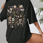 T-shirts décontractés en coton imprimés grappes de fleurs pour femmes