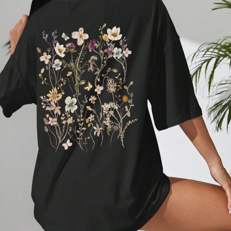 T-shirts décontractés en coton imprimés grappes de fleurs pour femmes