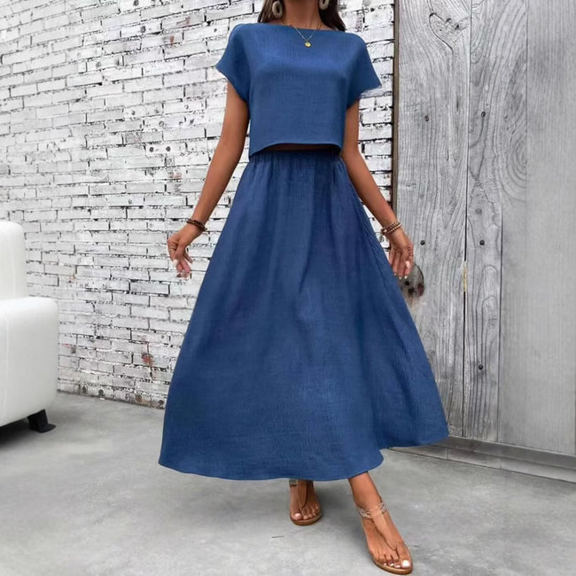 Ensemble 2 pièces femme, couleur unie, haut à manches courtes et robe décontractée trapèze Hover Image
