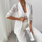 Blazer décontracté blanc brodé de dentelle pour femme