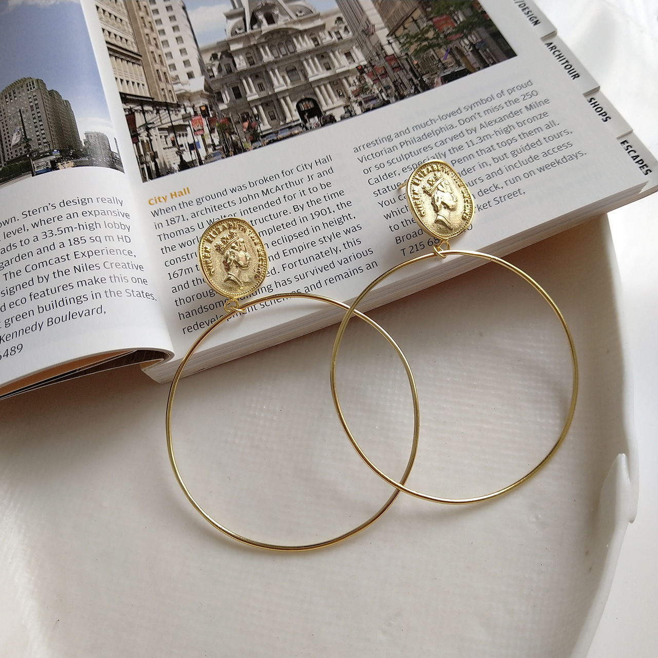 Boucles d'oreilles grand cercle de style INS en argent sterling 925, modèle Reine