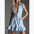 Robe en jean sans manches à volants tendance pour femme