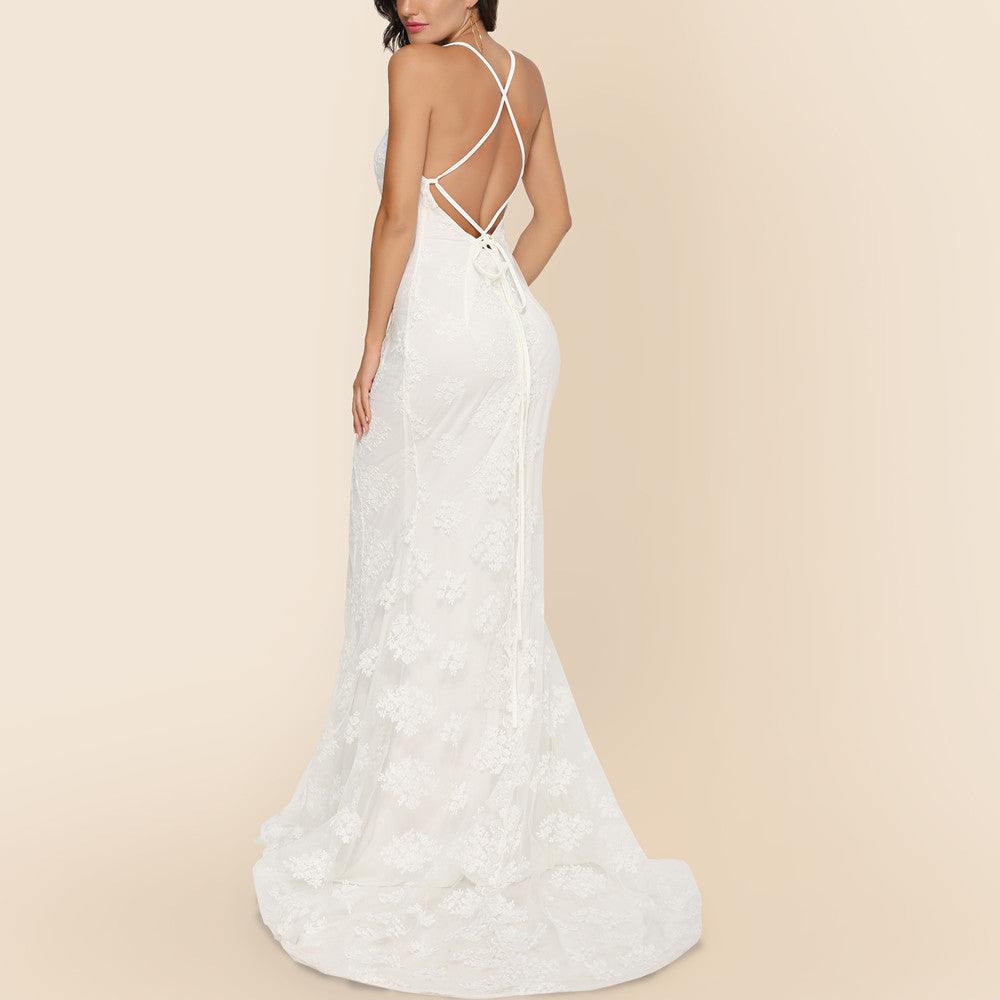 Robe de mariée longue sexy avec col en V et bretelles