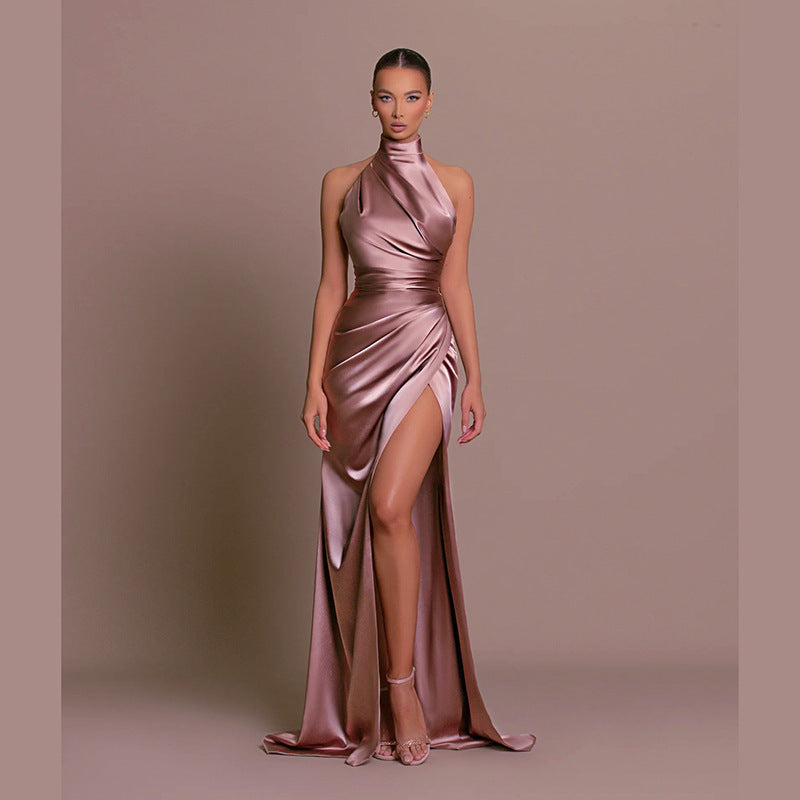 Robe longue satinée asymétrique à une épaule pour femme