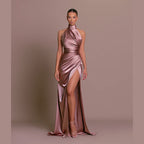 Robe longue satinée asymétrique à une épaule pour femme