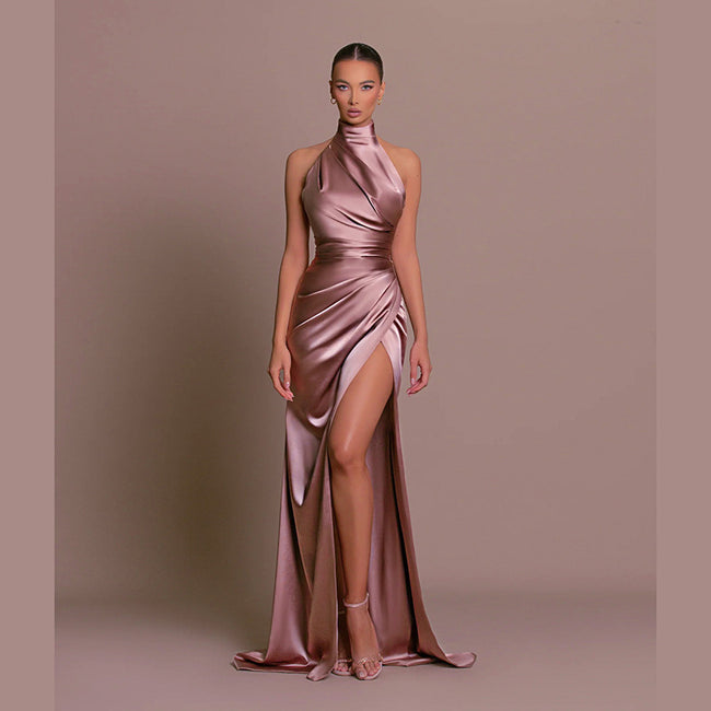 Robe longue satinée asymétrique à une épaule pour femme Main Image