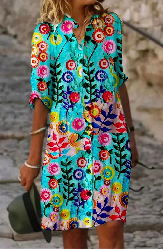 Robe en Coton et Lin à Motifs pour Femme