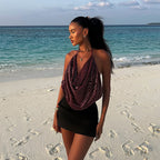 Gilet sexy dos nu à lacets et paillettes pour femme