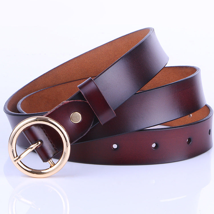 La nouvelle ceinture rétro en cuir pur pour femme, ceinture en cuir à boucle ronde, ceinture fine pour femme.