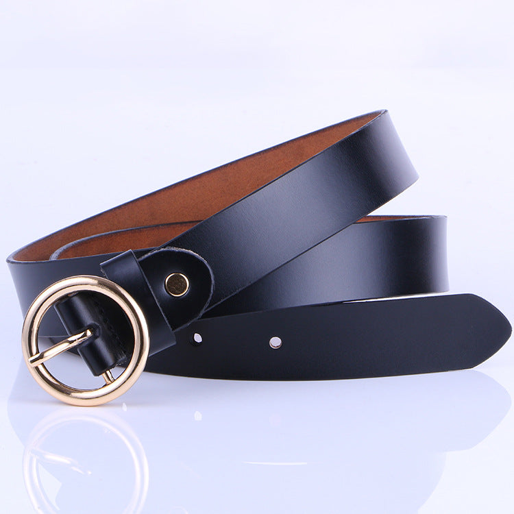 La nouvelle ceinture rétro en cuir pur pour femme, ceinture en cuir à boucle ronde, ceinture fine pour femme.