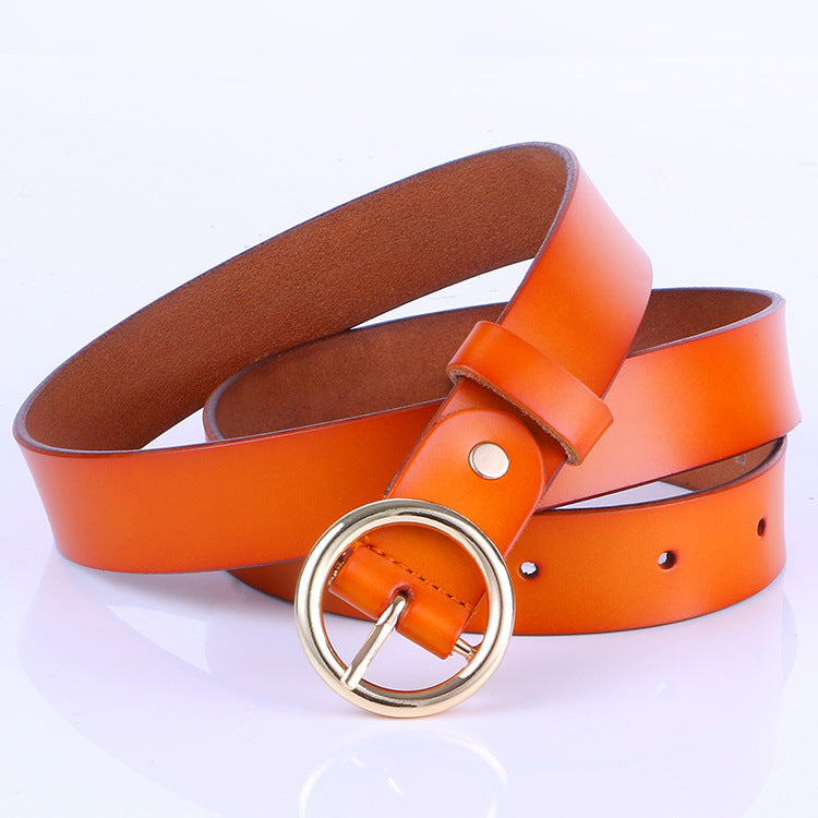 La nouvelle ceinture rétro en cuir pur pour femme, ceinture en cuir à boucle ronde, ceinture fine pour femme.