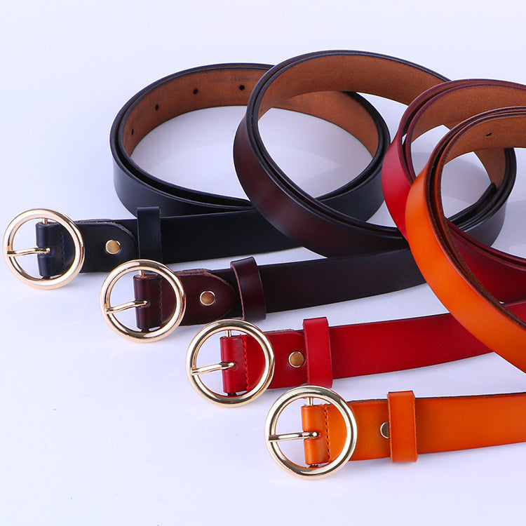La nouvelle ceinture rétro en cuir pur pour femme, ceinture en cuir à boucle ronde, ceinture fine pour femme.